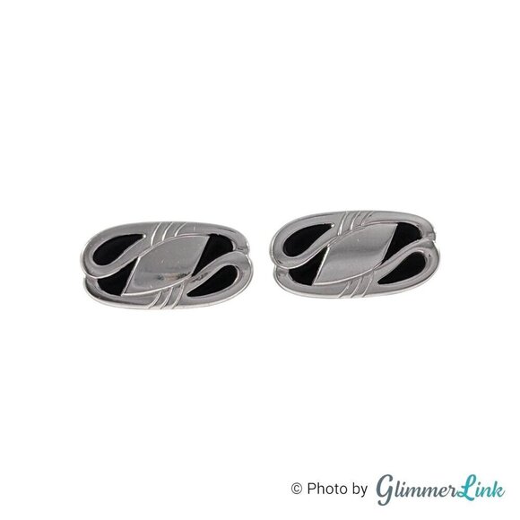 Vintage Anson Oblong Black Enamel Engravable Swirl Silver Tone Cufflinks - Picture 1 of 9